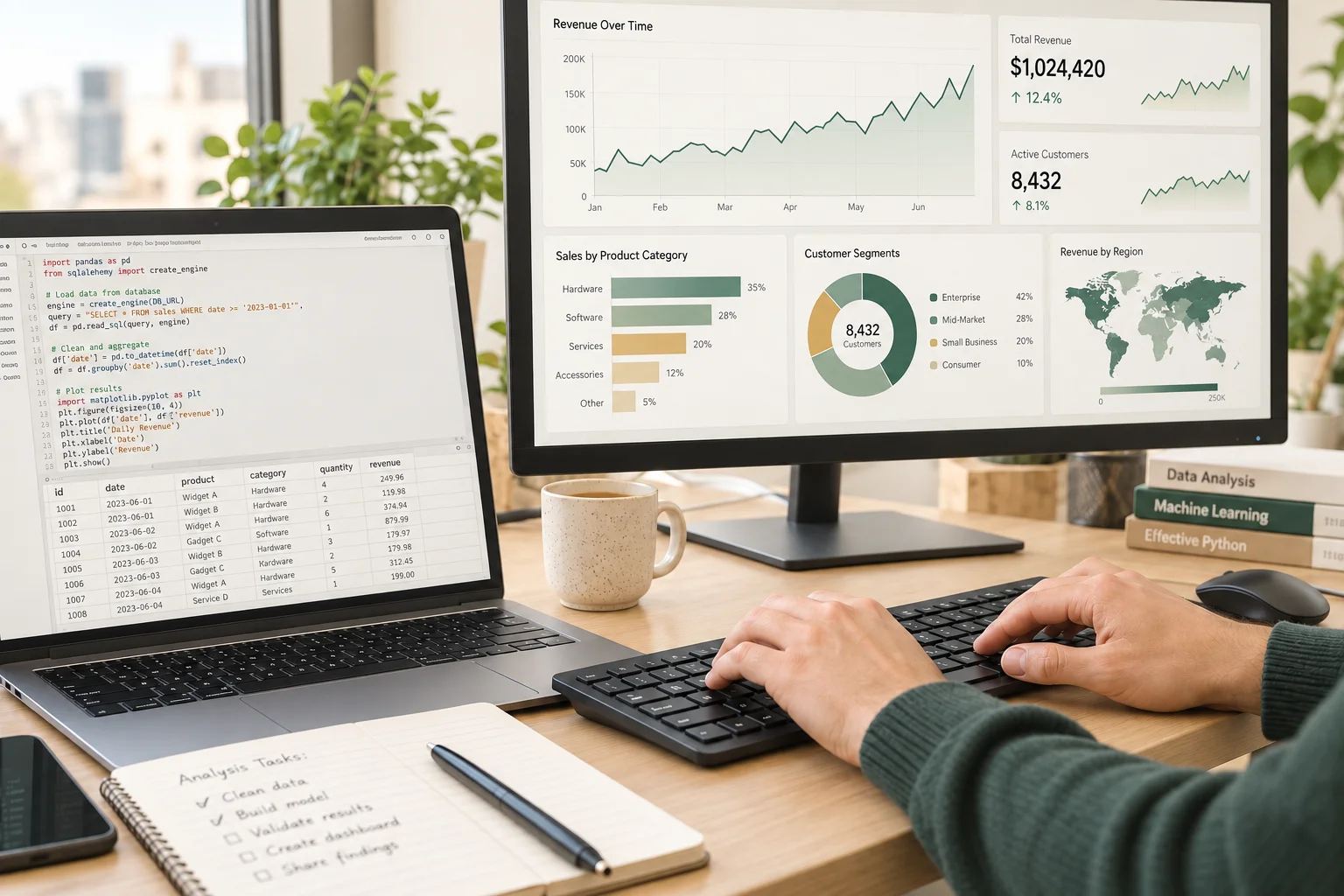 Software and data analysis workspace with code, a data table, and a dashboard on screen