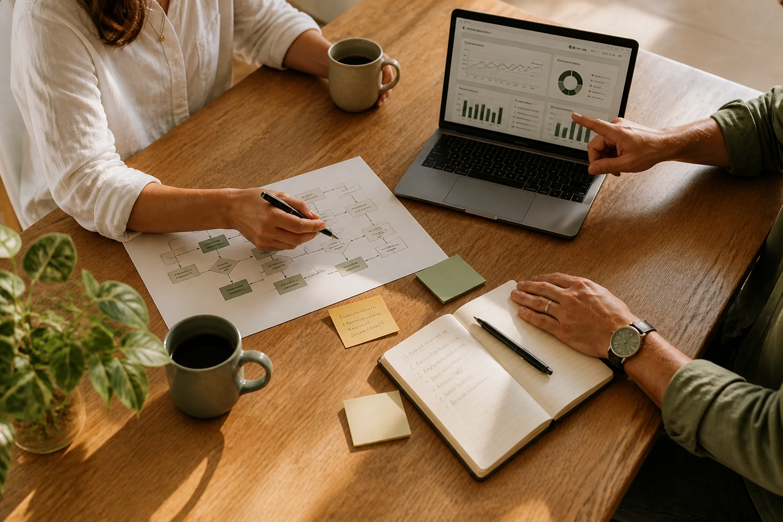Two professionals reviewing a process diagram and data dashboard at a warm, sunlit table